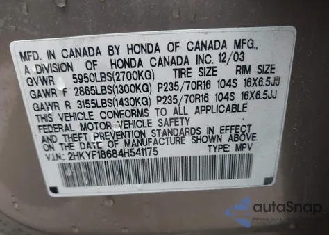 2004 Honda Pilot Ex-L from USA, damaged, VIN 2HKYF18684H541175